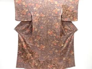 扇に草花模様付け下げ小紋着物